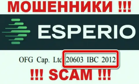 Esperio - регистрационный номер интернет мошенников - 20603 IBC 2012