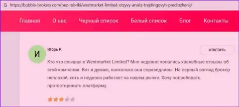 Биржевой игрок предоставил информацию о Forex брокерской организации WestMarketLimited Com на web-сервисе Bubble-Brokers Com