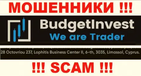 Не имейте дело с организацией BudgetInvest - указанные мошенники пустили корни в оффшорной зоне по адресу - 8 Octovriou 237, Lophitis Business Center II, 6-th, 3035, Limassol, Cyprus