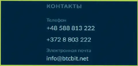 Телефоны и адрес электронного ящика интернет обменки БТК Бит