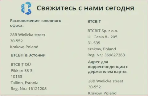 Юридический адрес криптовалютной интернет обменки BTC Bit и расположение представительского офиса криптовалютного online обменника в Эстонии, г. Таллине