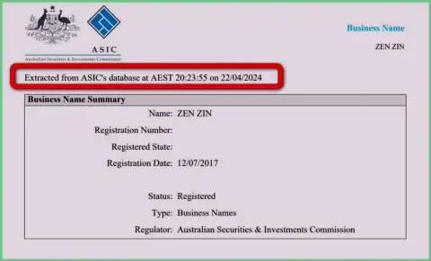 Документ, который доказывает присутствие регистрации у брокерской фирмы Zinnera Exchange